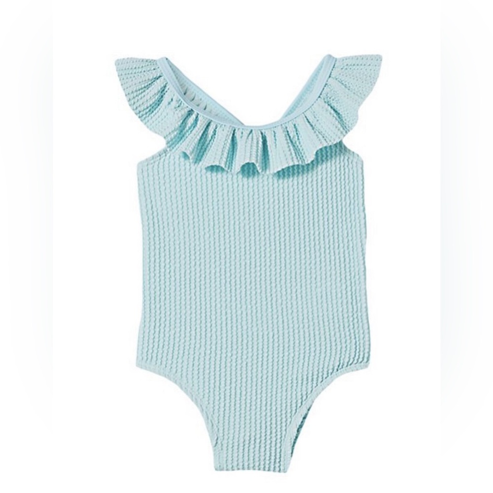 Girls Ruffled Sleeve Ribbed One Piece Swimsuit
